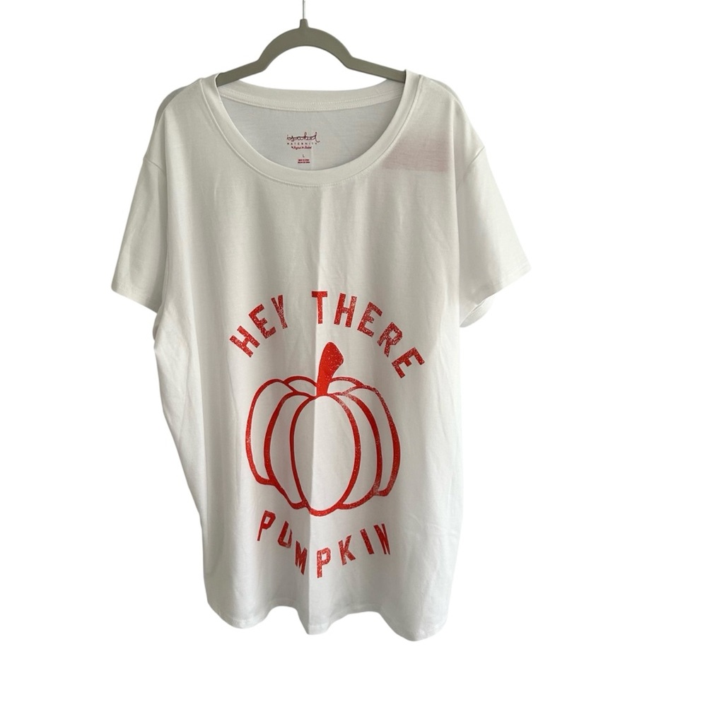 New Isabel Maternity White With Orange Hey There Pumpkin Graphic Fall Tee Sz LG
